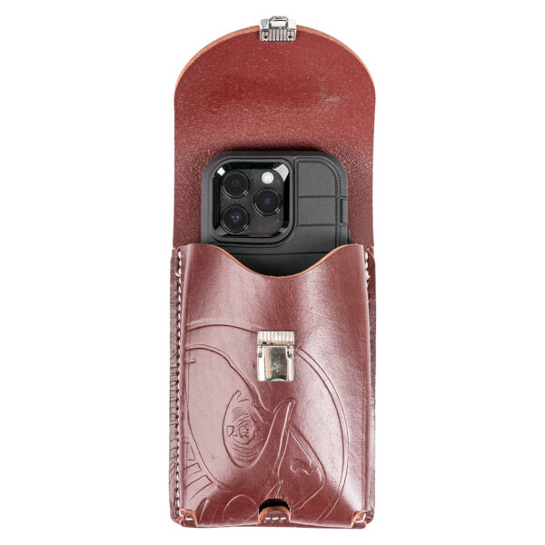 Belt-Worn XXL Leather Phone Holster, red, open with phone made in the USA by Occidental Leather