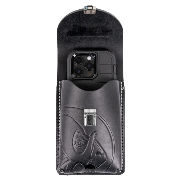 Belt-Worn XXL Leather Phone Holster, black, open with phone made in the USA by Occidental Leather